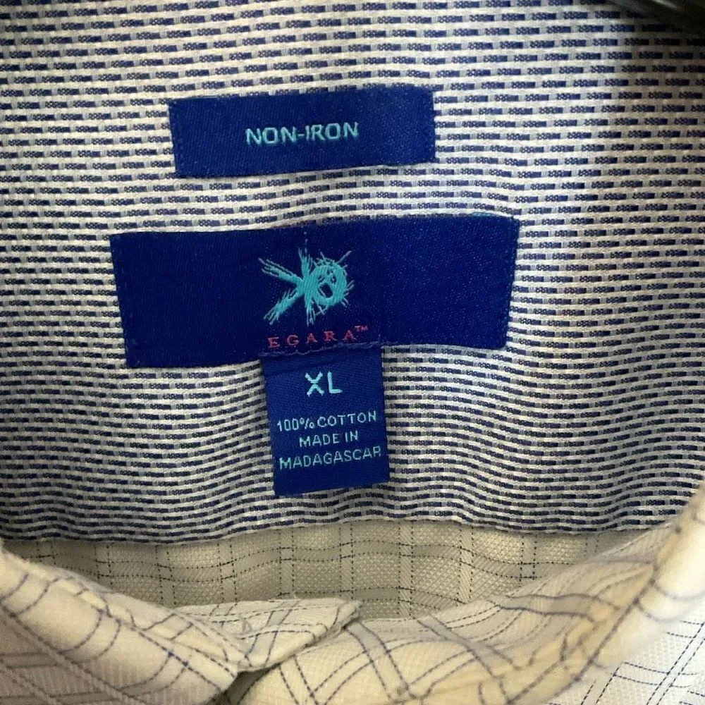 Egara Shirt Mens Button Down Cotton White Blue Square Print Non Iron Men Size XL